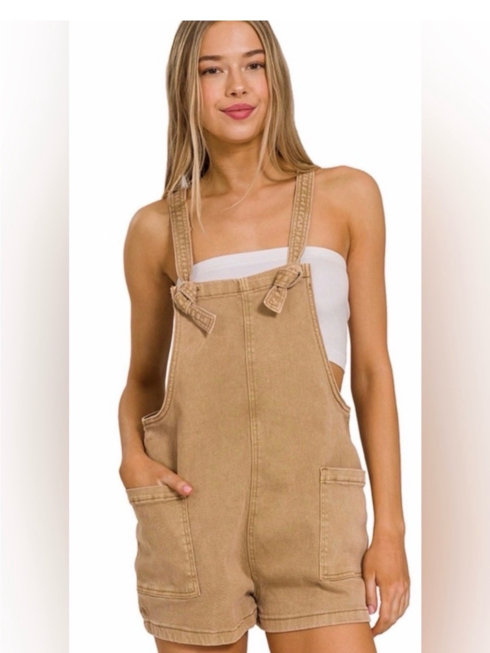NWT Zenana Brown Cotton Overall Romper Shorts Size Small